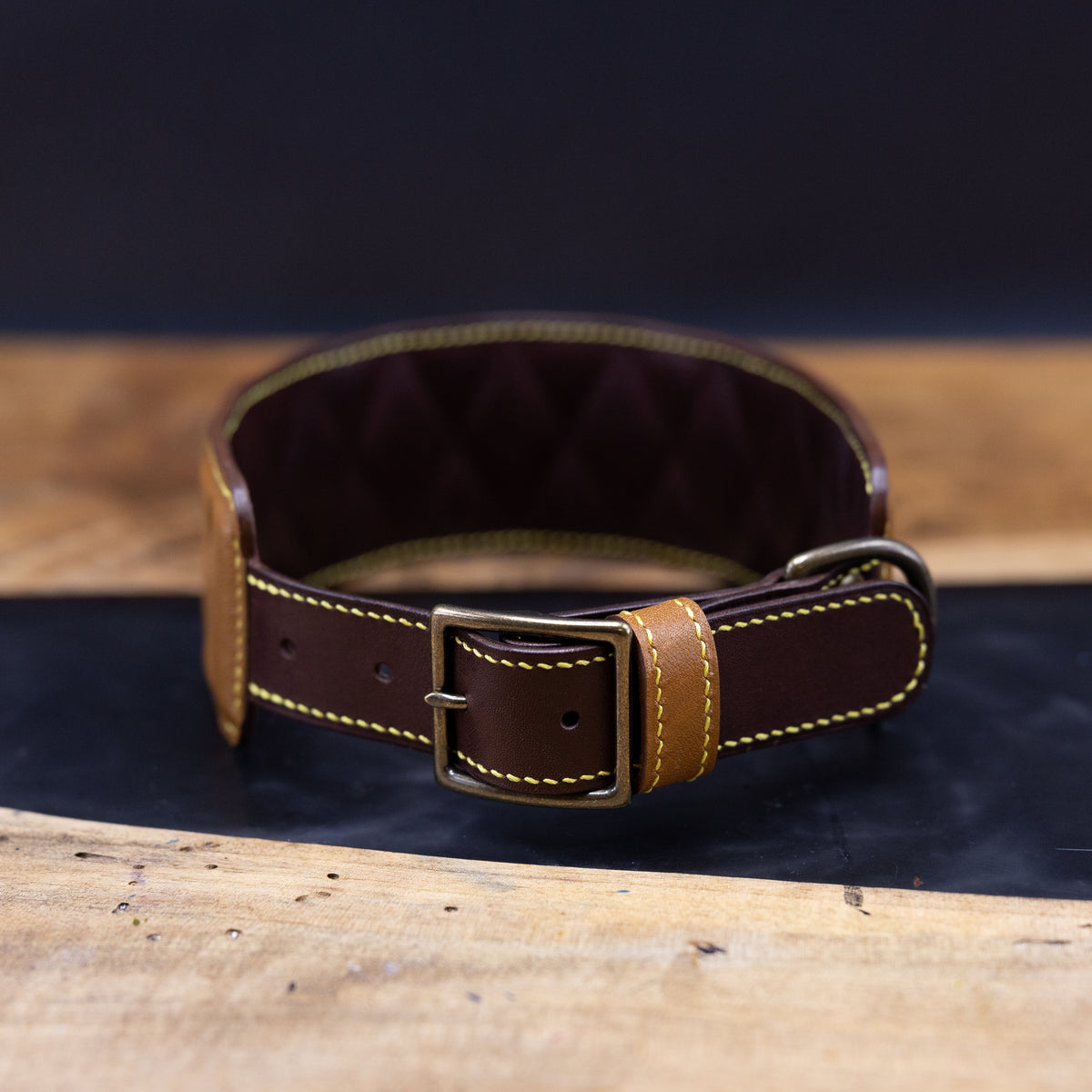 Tan & Brandy Quilted Kangaroo Leather Dog Collar Boos Leather