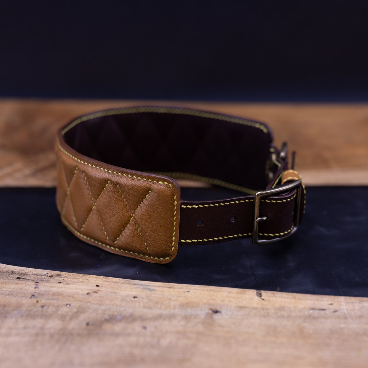 Tan & Brandy Quilted Kangaroo Leather Dog Collar Boos Leather