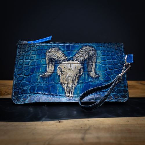 Ram Skull | Hand-dyed American Alligator Zipper Clutch Bag