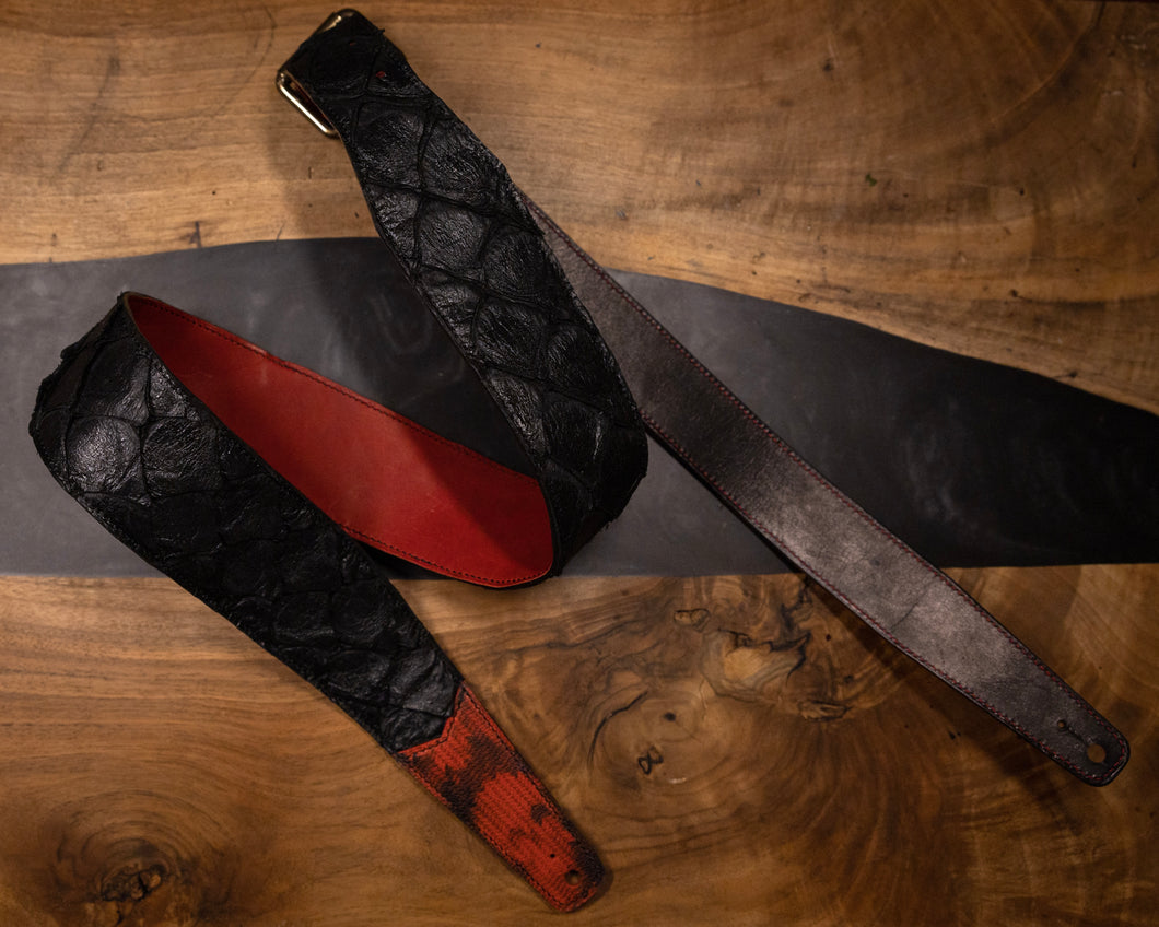 Black & Red Skull | Arapaima Leather Vintage Style Guitar Strap