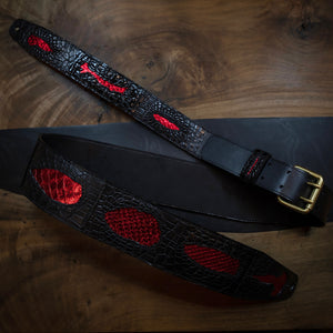 Black & Red | American Alligator Bum and Python Leather Vintage Style Guitar Strap