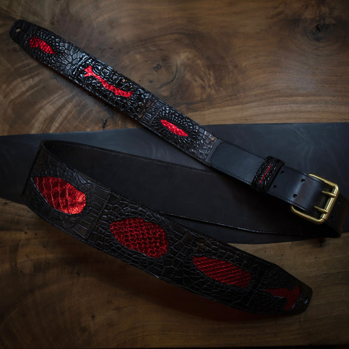 Black & Red | American Alligator Bum and Python Leather Vintage Style Guitar Strap